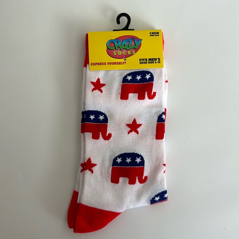 Republican Party Patriotic Elephant Men's Size 6-12 Crazy Socks New in Packaging